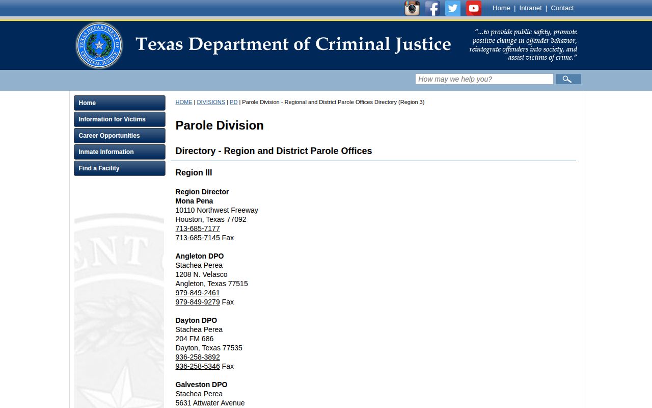 Official TDCJ listing for the Angleton District Parole Office serving Brazoria County