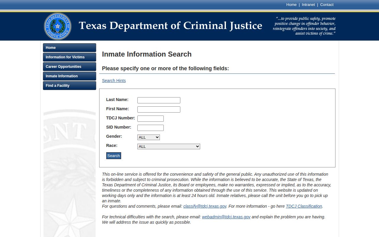 Texas TDCJ search form used when checking a Brazoria County state-prison release